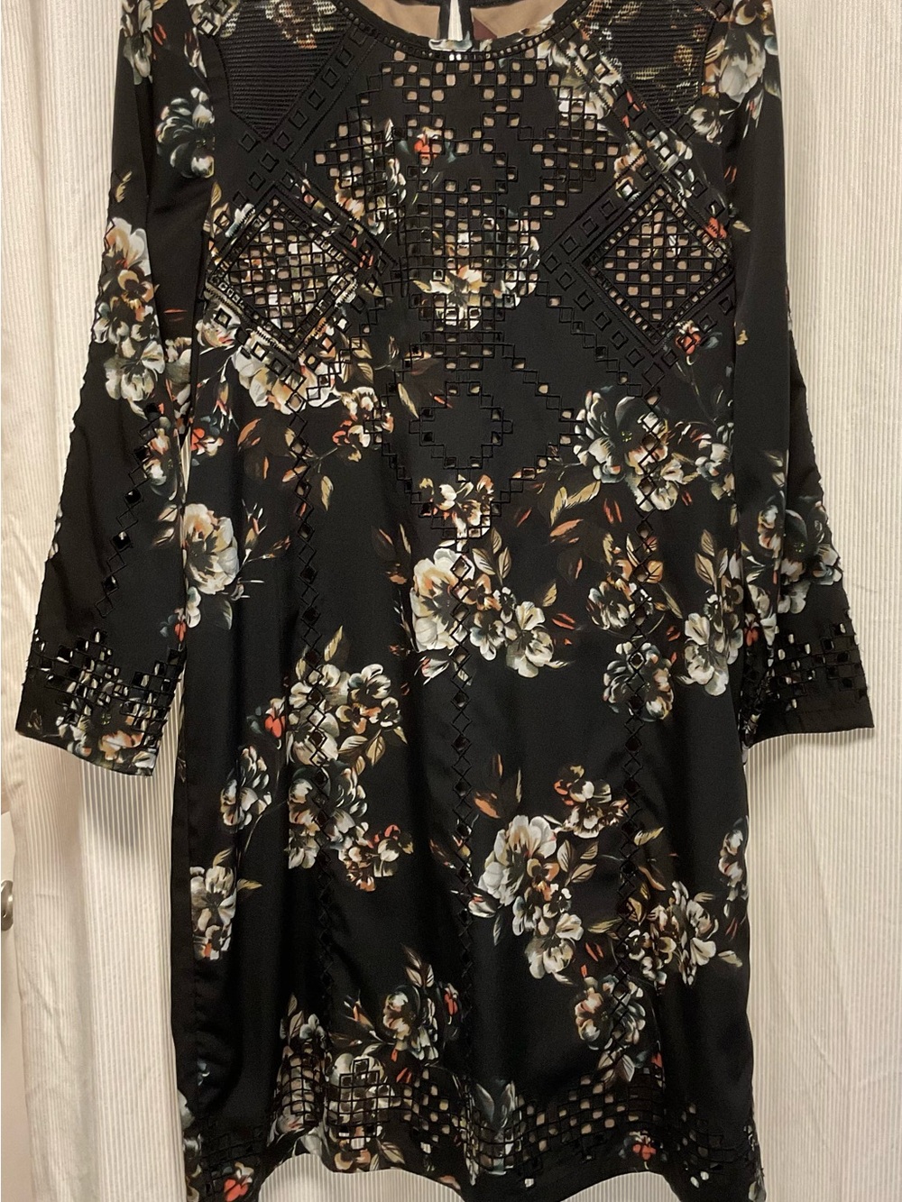 Ranna Gill Black Floral Cutout Tunic with Cream and Brown Accents